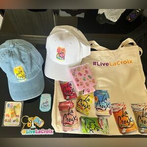 La Croix Tote Bag, hat, keychain, pin, pop socket holder kit